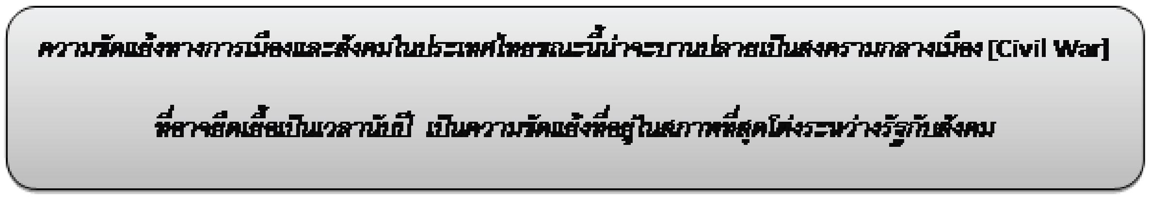 Rounded Rectangle: ความขัดแย้งทางการเมืองและสังคมในประเทศไทยขณะนี้น่าจะบานปลายเป็นสงครามกลางเมือง [Civil War]  ที่อาจยืดเยื้อเป็นเวลานับปี  เป็นความขัดแย้งที่อยู่ในสภาพที่สุดโต่งระหว่างรัฐกับสังคม